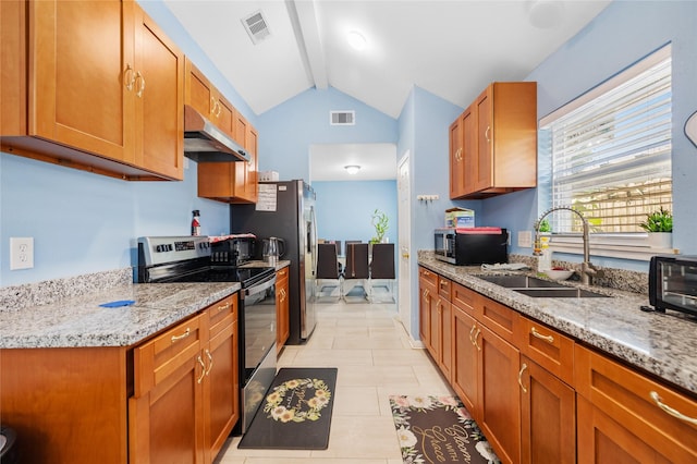 10302 Lybert Rd, Houston, TX 77041 - kitchen with under cabinet range hood, visible vents, a sink, lofted ceiling with beams, and appliances with stainless steel finishes