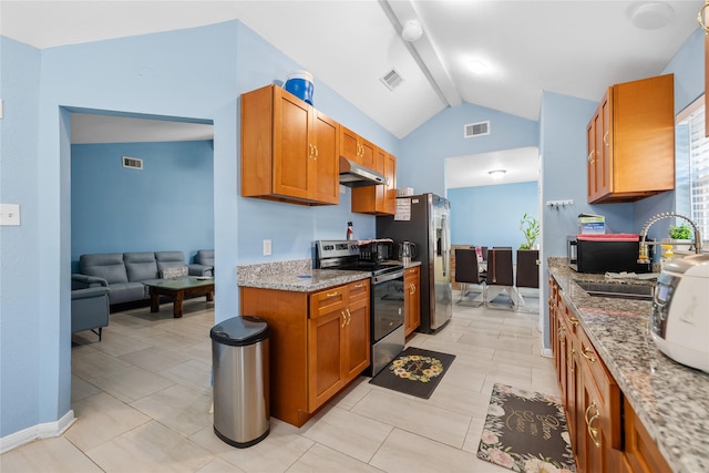 10302 Lybert Rd, Houston, TX 77041 - kitchen featuring a sink, stainless steel fridge with ice dispenser, visible vents, under cabinet range hood, and range with electric stovetop