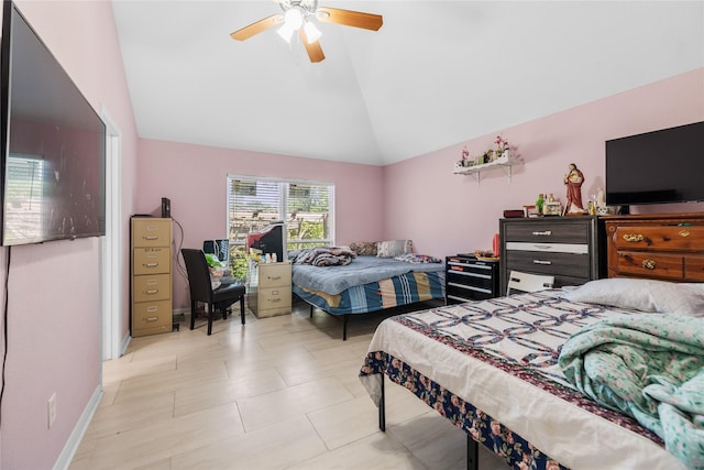 10302 Lybert Rd, Houston, TX 77041 - bedroom featuring baseboards, ceiling fan, and high vaulted ceiling