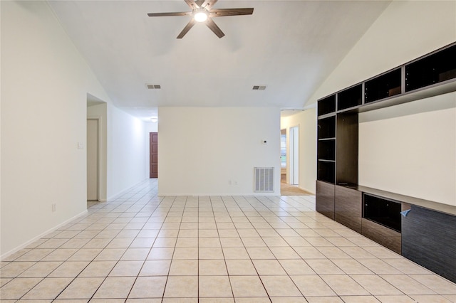 unfurnished living room with a ceiling fan, visible vents, and built in features