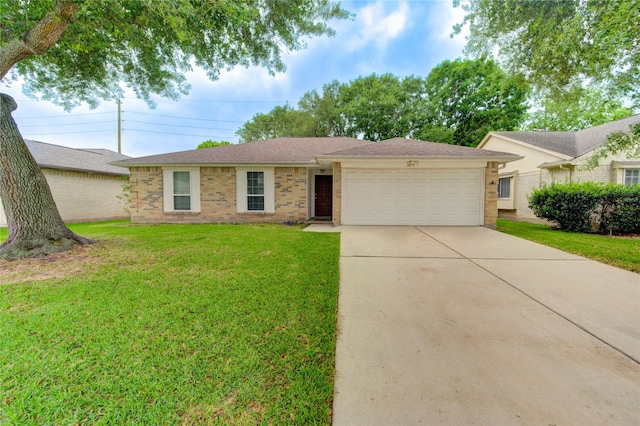 ranch-style house featuring concrete driveway, an attached garage, a front lawn, and brick siding