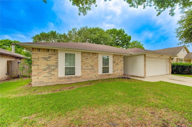 ranch-style house with a front lawn, brick siding, driveway, and a garage