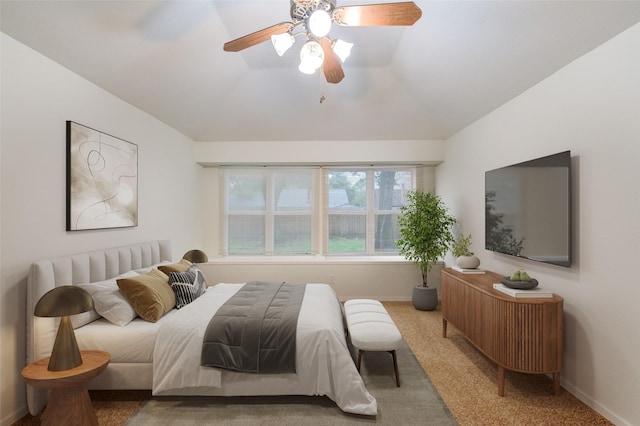 2215 Squire Dobbins Dr, Sugar Land, TX 77478 - bedroom with vaulted ceiling, carpet, baseboards, and a ceiling fan