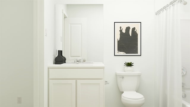 full bathroom with toilet, shower / tub combo, and vanity
