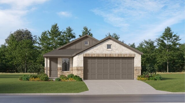 10821 Red Orchid Dr, Houston, TX 77016 - view of front facade with stone siding, an attached garage, driveway, a front lawn, and board and batten siding
