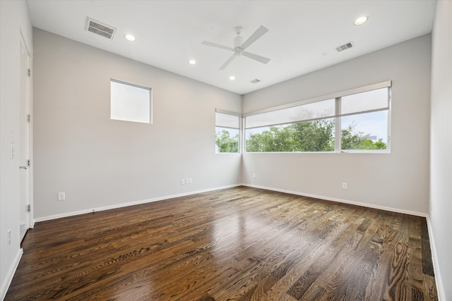 unfurnished room featuring visible vents, baseboards, a ceiling fan, and recessed lighting