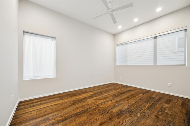 unfurnished room with recessed lighting, baseboards, ceiling fan, and dark wood-style floors