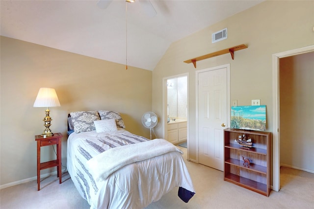 12934 Bristol Berry Dr, Cypress, TX 77429 - bedroom with light colored carpet, lofted ceiling, baseboards, ensuite bathroom, and ceiling fan
