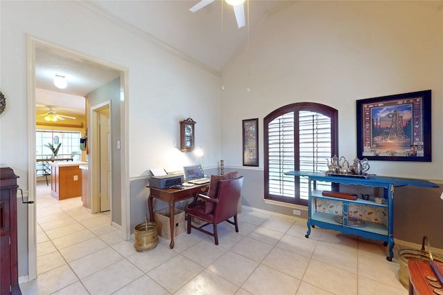 12934 Bristol Berry Dr, Cypress, TX 77429 - office space featuring a ceiling fan, vaulted ceiling, light tile patterned floors, and baseboards