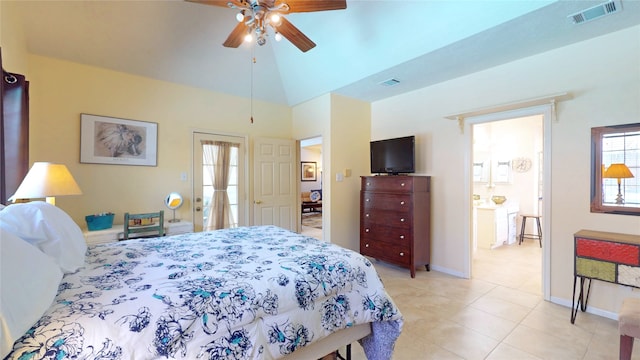 12934 Bristol Berry Dr, Cypress, TX 77429 - bedroom with light tile patterned flooring, baseboards, ceiling fan, and lofted ceiling