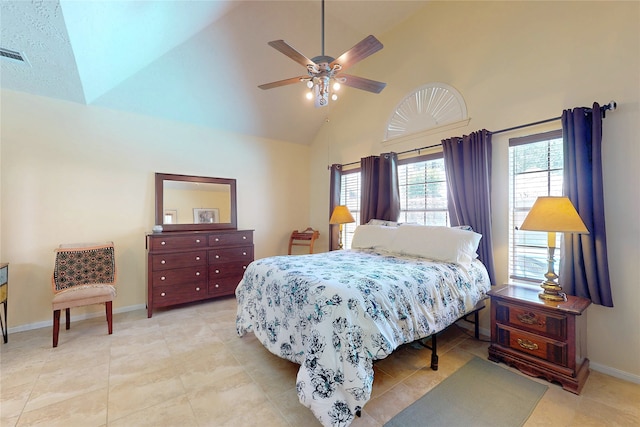 12934 Bristol Berry Dr, Cypress, TX 77429 - bedroom with baseboards, high vaulted ceiling, light tile patterned floors, and a ceiling fan