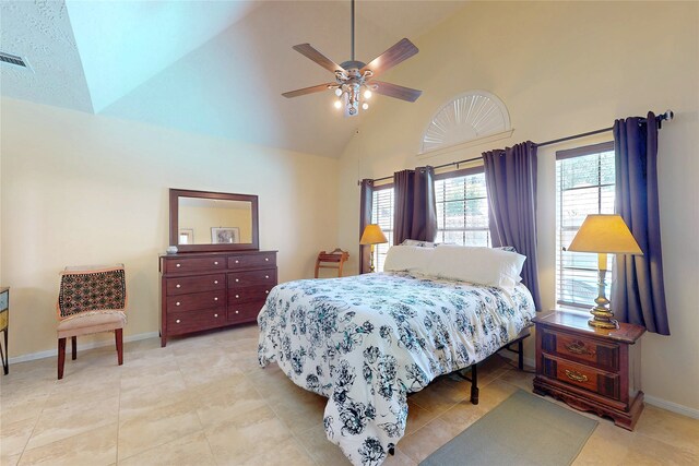 12934 Bristol Berry Dr, Cypress, TX 77429 - bedroom with baseboards, high vaulted ceiling, light tile patterned floors, and ceiling fan