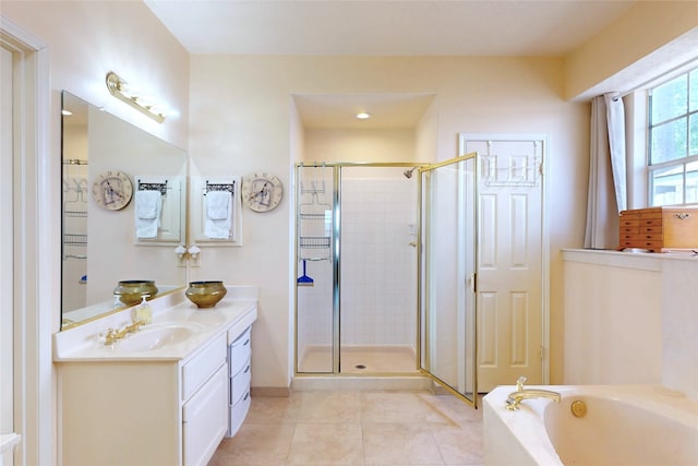 12934 Bristol Berry Dr, Cypress, TX 77429 - bathroom with a shower stall, tile patterned flooring, vanity, and a garden tub