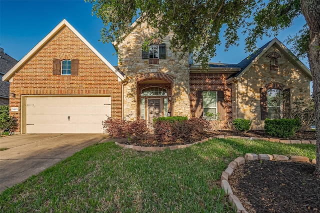 traditional home featuring concrete driveway, brick siding, a front yard, and stone siding