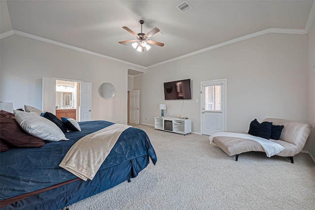 bedroom featuring lofted ceiling, visible vents, crown molding, light carpet, and baseboards