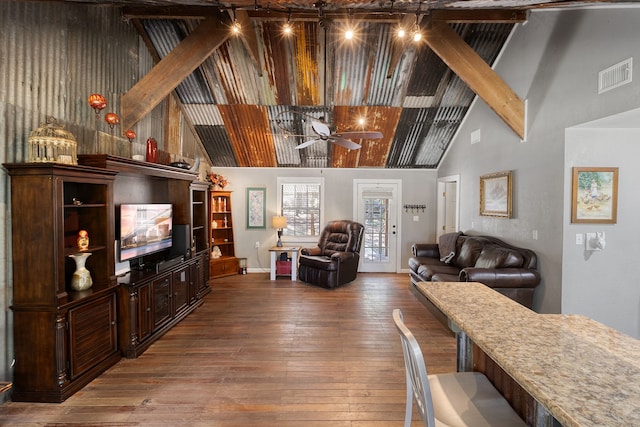 2540 Howell Rd, Corrigan, TX 75939 - living room with a ceiling fan, high vaulted ceiling, visible vents, dark wood-style flooring, and beamed ceiling