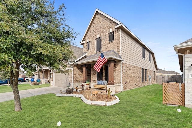 traditional home with brick siding, fence, concrete driveway, a front yard, and a porch