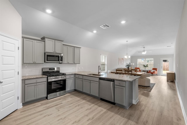 13714 Seneca Lake Dr, Texas City, TX 77568 - kitchen featuring visible vents, a sink, open floor plan, stainless steel appliances, and gray cabinets