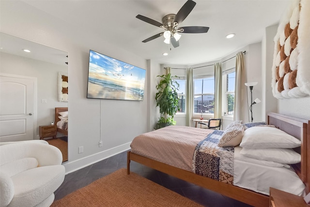 bedroom featuring baseboards, a ceiling fan, and recessed lighting