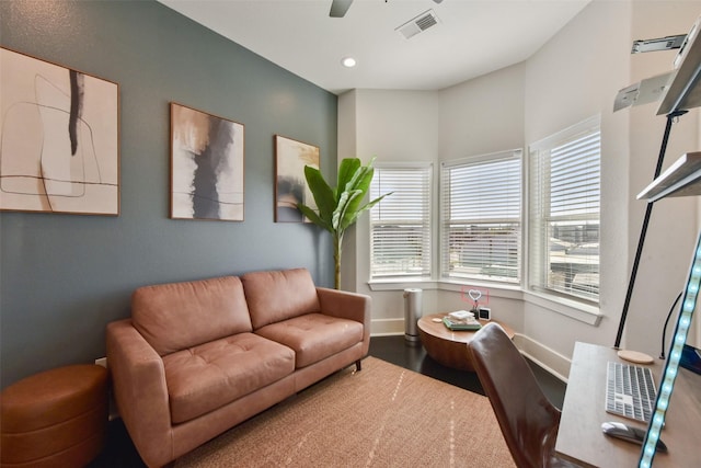 sitting room featuring wood finished floors, visible vents, recessed lighting, ceiling fan, and baseboards
