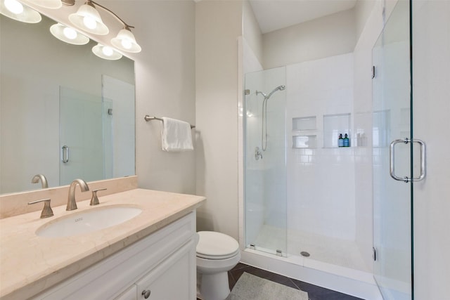 bathroom with a stall shower, tile patterned flooring, and toilet