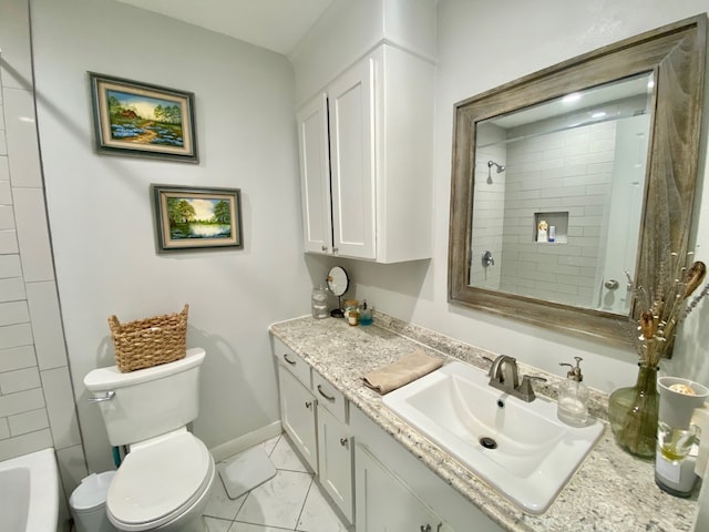 685 W 4th St, Groveton, TX 75845 - bathroom with toilet, marble finish floor, tiled shower, and vanity