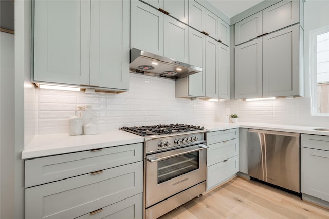 411 W Drew St, Houston, TX 77006 - kitchen with under cabinet range hood, light wood finished floors, stainless steel appliances, and decorative backsplash