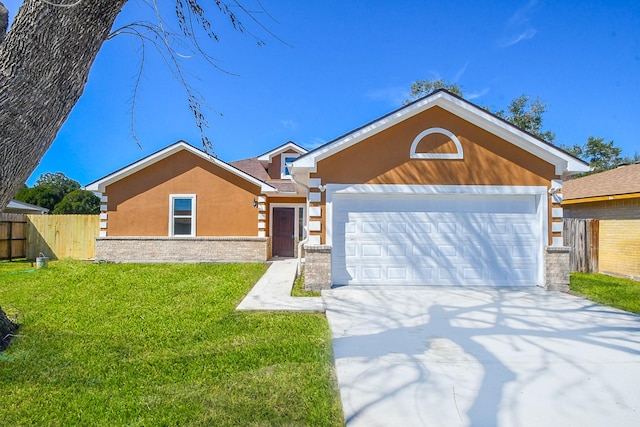 10322 Rancho Bernardo Ln, Sugar Land, TX 77498 - ranch-style house featuring a garage, stucco siding, fence, a front lawn, and concrete driveway