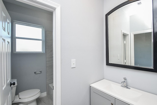 10322 Rancho Bernardo Ln, Sugar Land, TX 77498 - full bathroom with vanity, toilet, marble finish floor, and visible vents