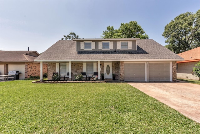 1865 El Mar Ln, Seabrook, TX 77586 - view of front of house with a porch, a garage, driveway, a front lawn, and brick siding