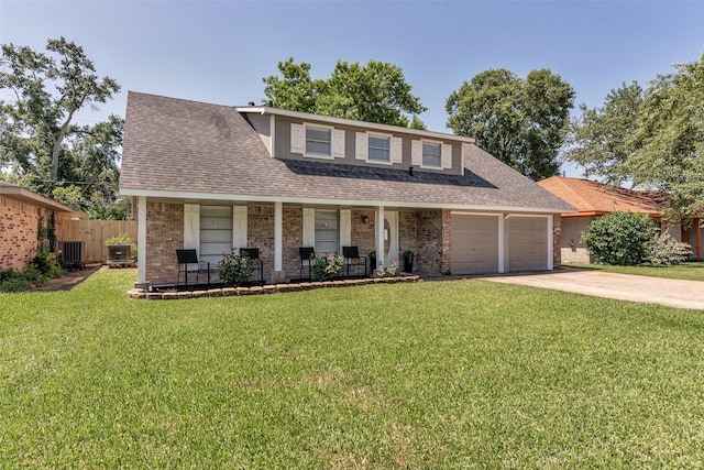 1865 El Mar Ln, Seabrook, TX 77586 - view of front facade featuring covered porch, a garage, central AC unit, brick siding, and roof with shingles