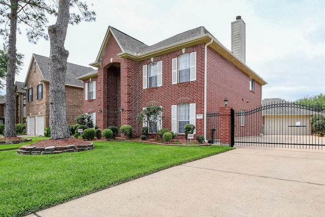 3222 Mossy Elm Ct, Houston, TX 77059 - view of front of property featuring brick siding, a chimney, a gate, concrete driveway, and a front lawn