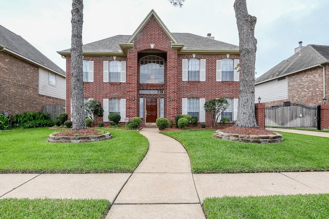 3222 Mossy Elm Ct, Houston, TX 77059 - colonial inspired home with brick siding, a gate, and a shingled roof