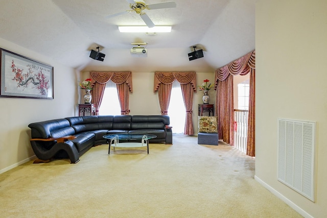 3222 Mossy Elm Ct, Houston, TX 77059 - living room with carpet, ceiling fan, lofted ceiling, and baseboards