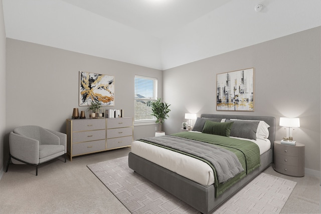 bedroom with baseboards, light carpet, and vaulted ceiling
