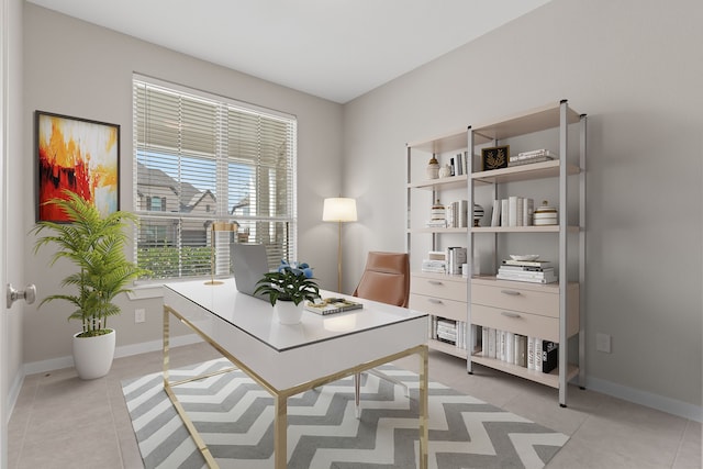 office with baseboards and light tile patterned flooring