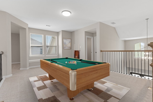 game room with baseboards, pool table, visible vents, and carpet floors