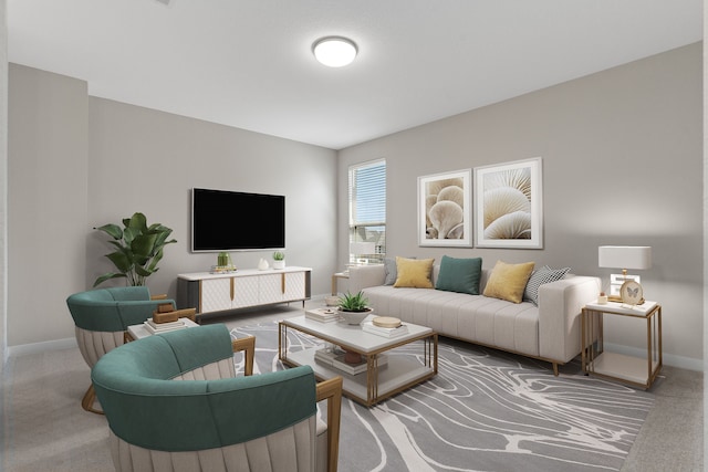 carpeted living area featuring baseboards