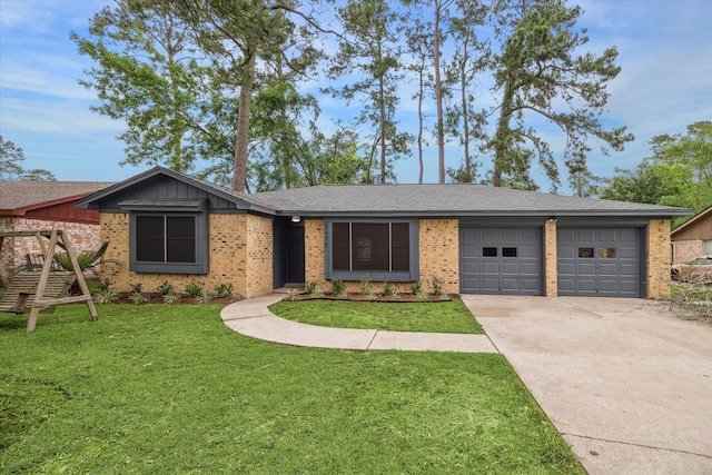 ranch-style home with an attached garage, concrete driveway, brick siding, and a front lawn