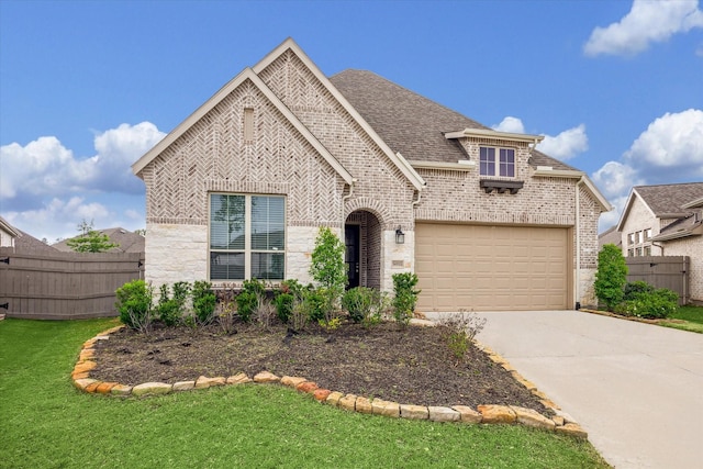 french country style house featuring brick siding, driveway, fence, and a garage