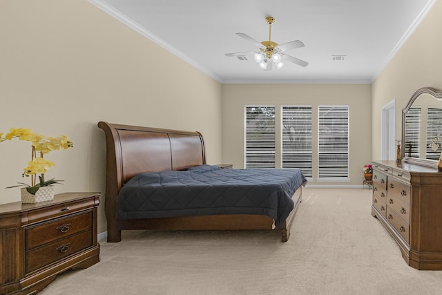bedroom featuring light carpet, baseboards, visible vents, and ornamental molding