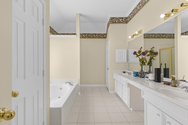 bathroom featuring a sink, a stall shower, tile patterned flooring, double vanity, and a garden tub