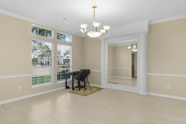 interior space featuring visible vents, a chandelier, and crown molding