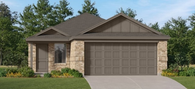view of front of property with driveway, an attached garage, a front lawn, and board and batten siding