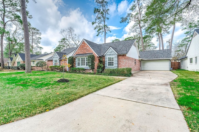 view of front of home with concrete driveway, a front yard, brick siding, and an attached garage