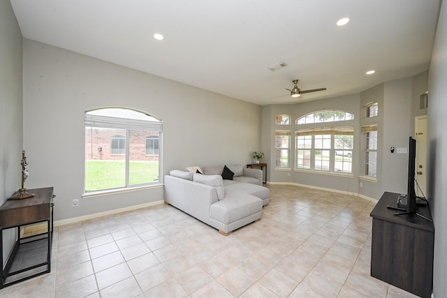 21111 Diamond Rock Ct, Katy, TX 77449 - living room with a ceiling fan, healthy amount of natural light, recessed lighting, and baseboards