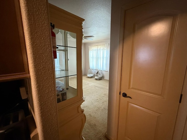 hallway featuring a textured ceiling and carpet floors