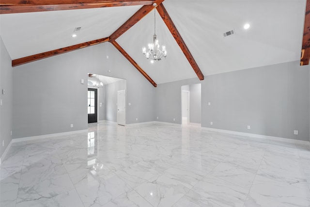 unfurnished living room with high vaulted ceiling, marble finish floor, beamed ceiling, and a notable chandelier