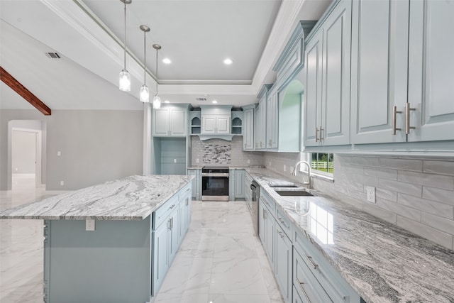 kitchen featuring a sink, marble finish floor, backsplash, a center island, and wall oven