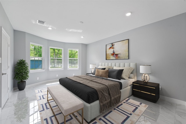bedroom featuring recessed lighting, baseboards, marble finish floor, and visible vents